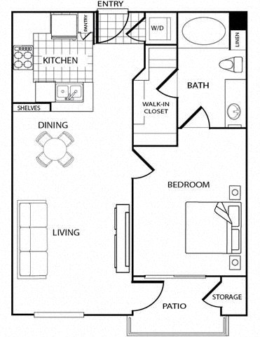 Floor plan for 1 bed, 1 bath, 710 sqft